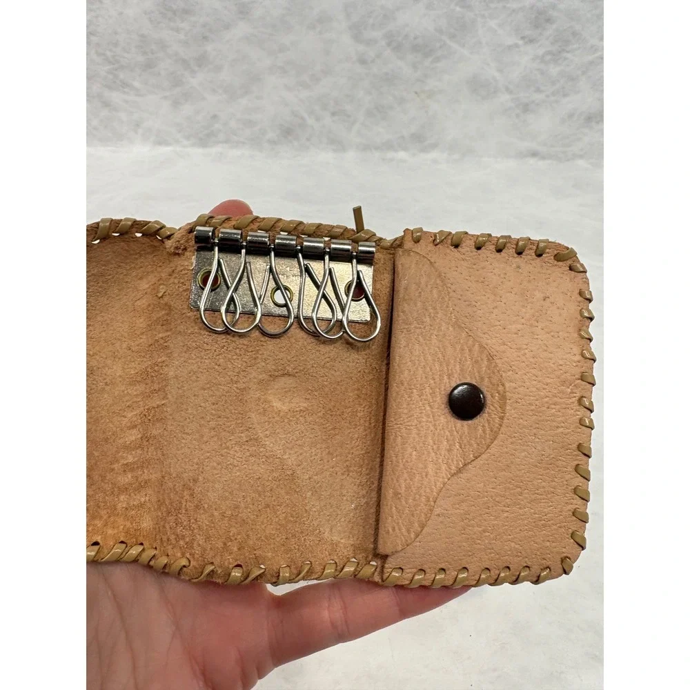 Vintage Tan Leather Whipstitch Key Case Wallet 6 Hook Holder with Coin Pouch